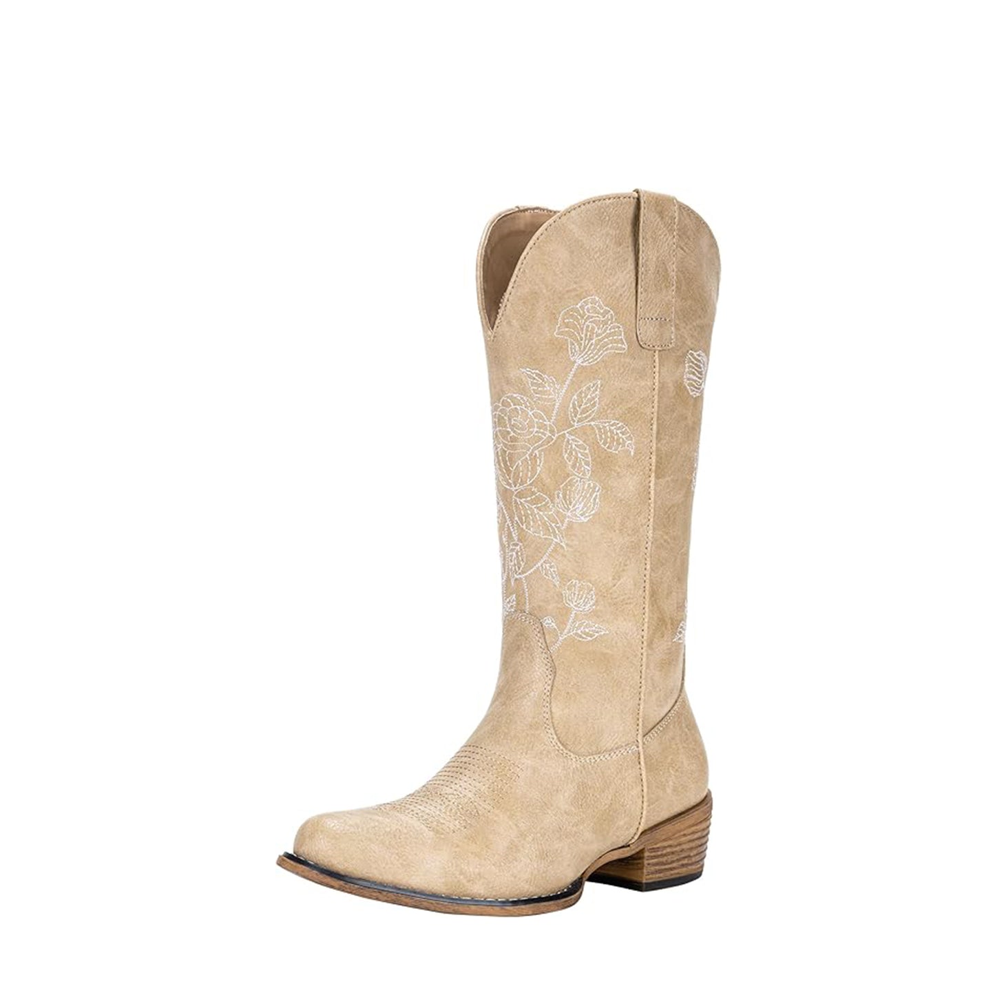 Jeossy Women's 9807 Cowboy Boots Mid Calf Embroidery Flower Boots Western Round Toe Cowgirl Boots