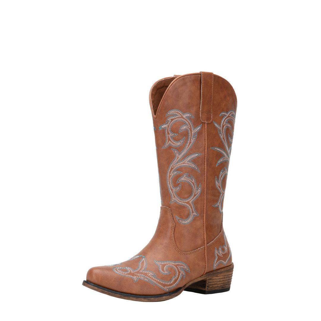 Jeossy Women's 9808 Cowboy Boots Square Toe Cowgirl Boots | Western Embroidered Knee High Boot with Inside Zipper