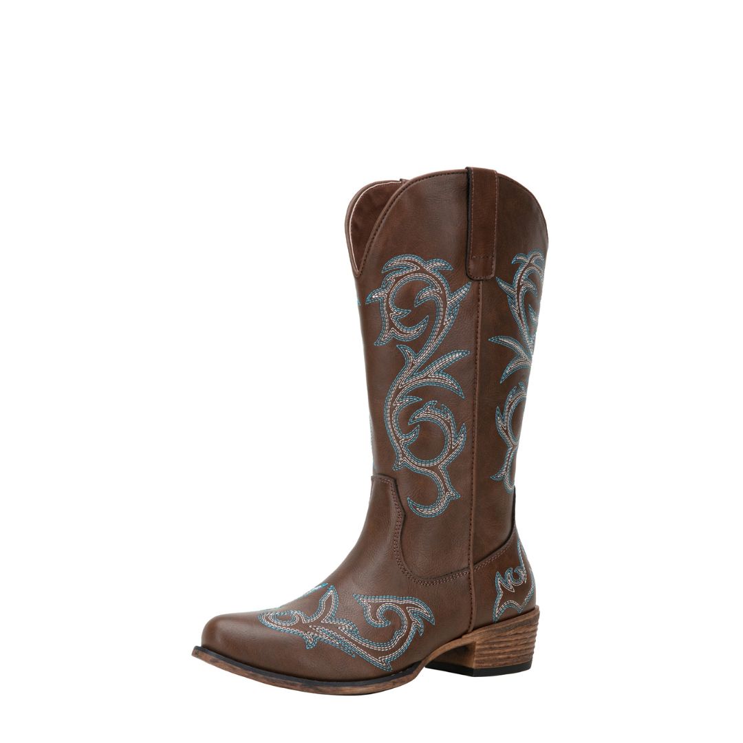 Jeossy Women's 9808 Cowboy Boots Square Toe Cowgirl Boots | Western Embroidered Knee High Boot with Inside Zipper