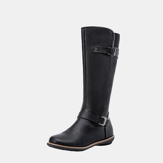 Jeossy Women's 9655 Knee High Boots Flat Riding Boots Buckle Tall Boots with Zipper for Women