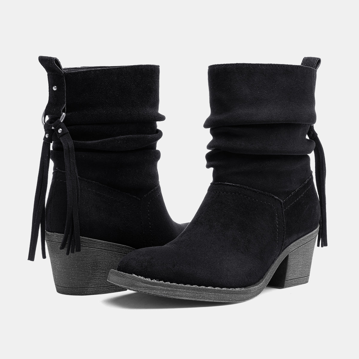 Jeossy 9203 Women's Slouchy Ankle Boots, Square Toe Low Block Heel Tassel