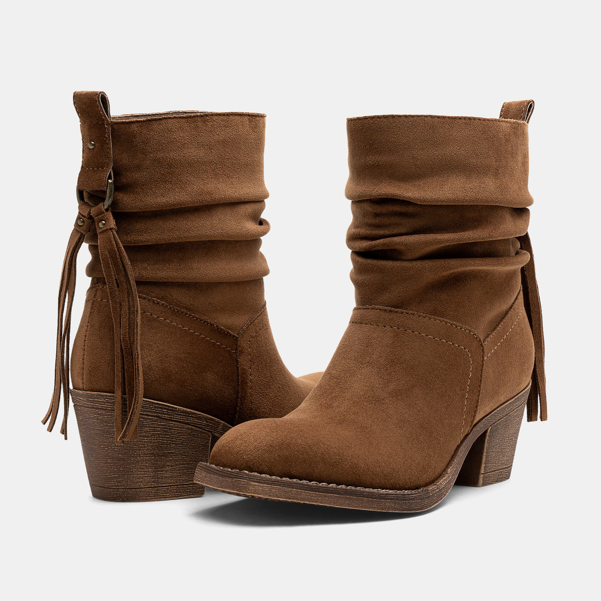 Jeossy 9203 Women's Slouchy Ankle Boots, Square Toe Low Block Heel Tassel