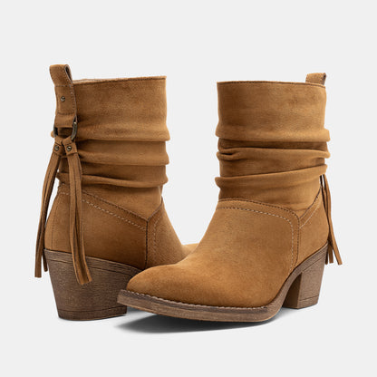 Jeossy 9203 Women's Slouchy Ankle Boots, Square Toe Low Block Heel Tassel
