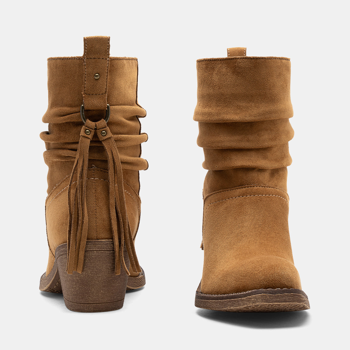 Jeossy 9203 Women's Slouchy Ankle Boots, Square Toe Low Block Heel Tassel