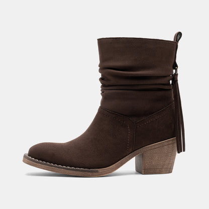 Jeossy 9203 Women's Slouchy Ankle Boots, Square Toe Low Block Heel Tassel