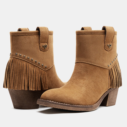 Jeossy 9207 Women's Western Square Toe Low Block Heel Fringe Booties