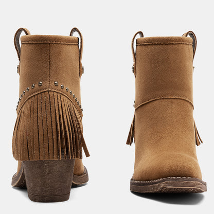Jeossy 9207 Women's Western Square Toe Low Block Heel Fringe Booties