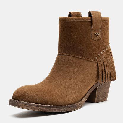 Jeossy 9207 Women's Western Square Toe Low Block Heel Fringe Booties