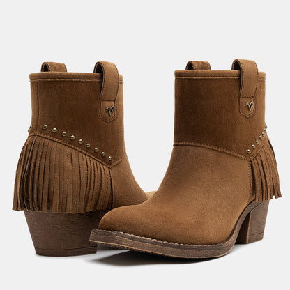 Jeossy 9207 Women's Western Square Toe Low Block Heel Fringe Booties