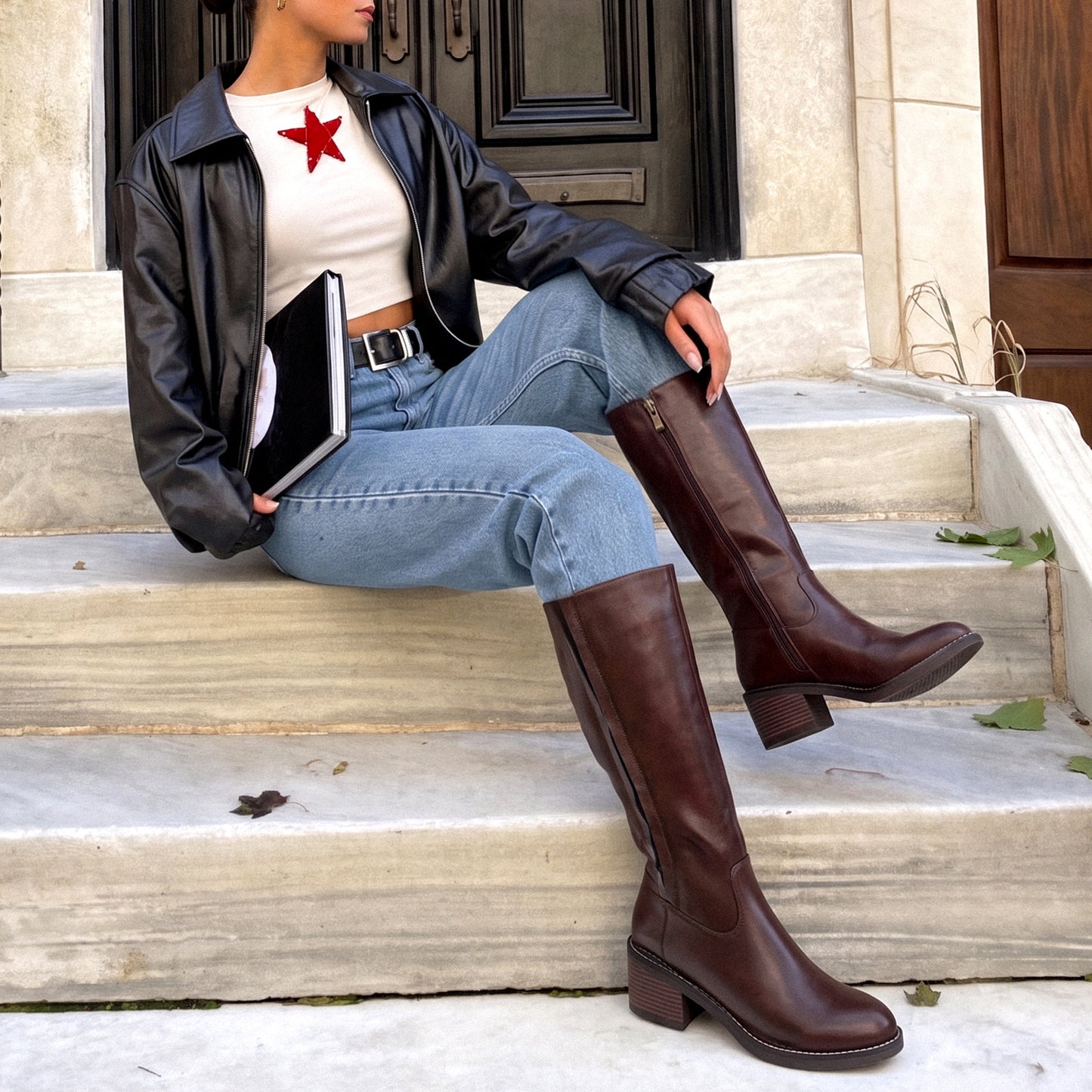 Jeossy 9661A Women's Low Block Heel Knee High Riding Boots