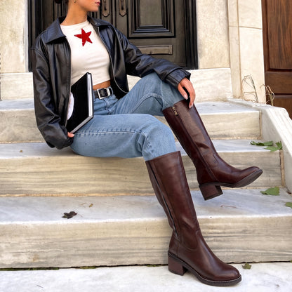 Jeossy 9661A Women's Low Block Heel Knee High Riding Boots