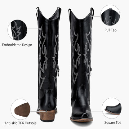 Jeossy 9809 Cowboy Boots for Women,Western Cowgirl Boots,Square Toe Knee High Embroided Pull on Wide Calf Boots with Inside Zipper