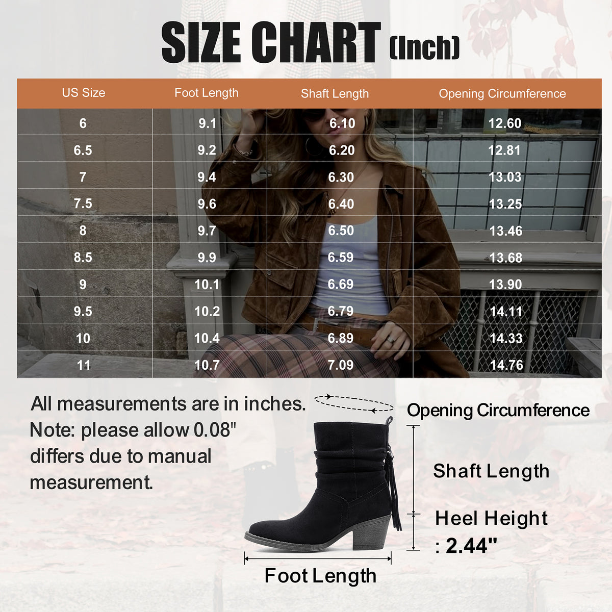 Jeossy 9203 Women's Slouchy Ankle Boots, Square Toe Low Block Heel Tassel