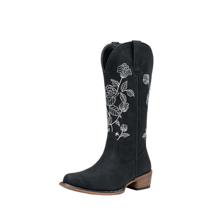 Jeossy Women's 9807 Cowboy Boots Mid Calf Embroidery Flower Boots Western Round Toe Cowgirl Boots