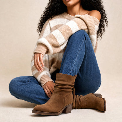Jeossy 9203 Women's Slouchy Ankle Boots, Square Toe Low Block Heel Tassel