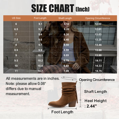 Jeossy 9203 Women's Slouchy Ankle Boots, Square Toe Low Block Heel Tassel
