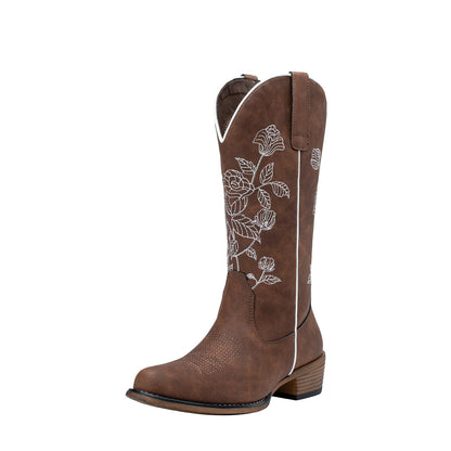 Jeossy Women's 9807 Cowboy Boots Mid Calf Embroidery Flower Boots Western Round Toe Cowgirl Boots