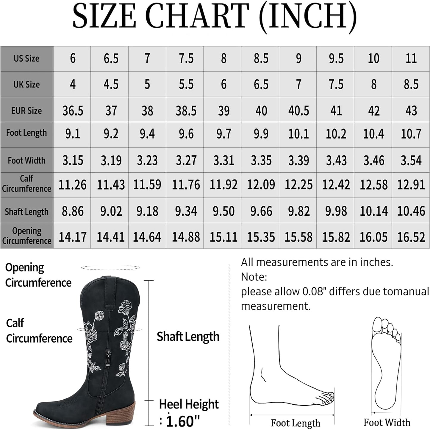 Jeossy Women's 9807 Cowboy Boots Mid Calf Embroidery Flower Boots Western Round Toe Cowgirl Boots