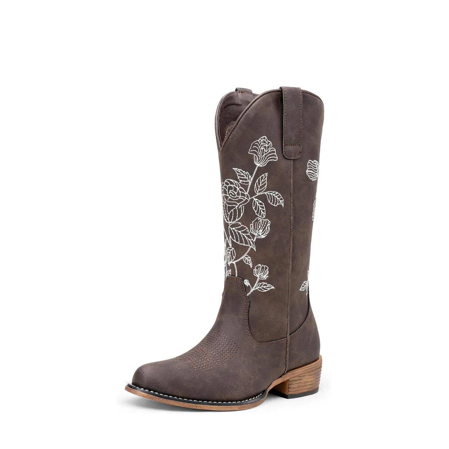 Jeossy Women's 9807 Cowboy Boots Mid Calf Embroidery Flower Boots Western Round Toe Cowgirl Boots